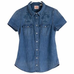 Levi’s Women S Denim Western Snap Shirt Palm Tree Embroidered Coastal Beach